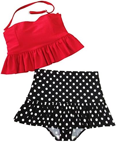Welity Women's High Wasit Halter Polka Dots Tankini Swimsuit Bathing Suit Red