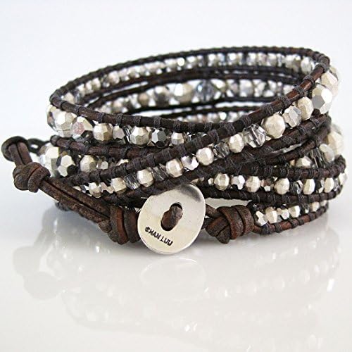 Chan Luu Graduated Crystal CAL Beaded Natural Grey Leather Wrap Bracelet bs-3963
