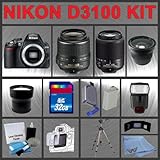 Nikon D3100 SLR 14MP Digital Camera with 18-55mm VR Lens and 55-200mm DX Lens + Huge Accessories Package Including Wide Angle Macro Lens + Telephoto Lens + 32gb SDHC Memory Card + Hi-Speed SD Card Reader + Digital Flash + Extended Life Battery + Tripod + LCD Lens Cleaner Kit + LCD Screen Protectors + Memory Card Wallet + Carrying Case + Cleaning Cloth