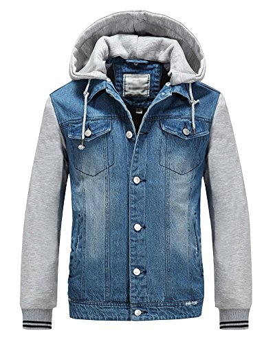 Mens Removable Hoodie Splice Sleeves Denim Jeans Jacket Coat Casual Blue