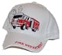 WHITE FIRE DEPARTMENT HAT WITH FIRE TRUCK & RED EMBROIDERED LETTERING ON BILL