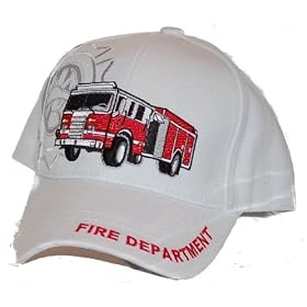 WHITE FIRE DEPARTMENT HAT WITH FIRE TRUCK & RED EMBROIDERED LETTERING ON BILL