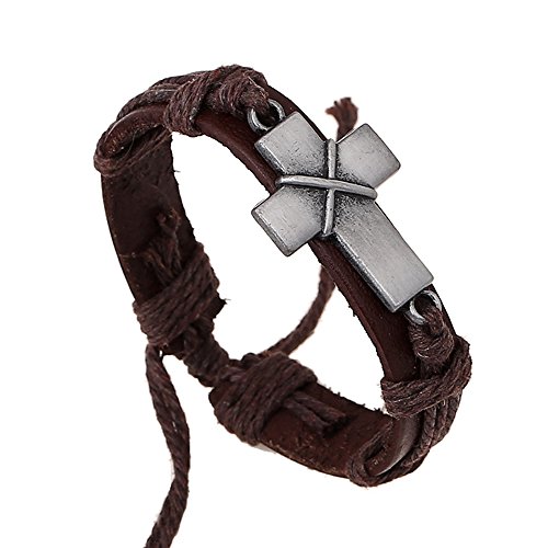 Nice Buckeye Simple Style Cross of Christ Studded Adjustable Length Leather Bracelet