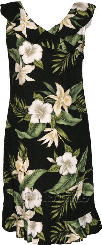 Short Tank Pull-Over Dress - White Orchid Hibiscus Ruffle V-Neck Hawaiian Aloha Mid-Length Dress - Regular Size