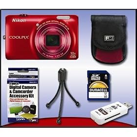 Nikon Coolpix S6300 Digital Camera RED + 4GB Accessory Kit (4GB SD Card, Case, Tripod, Card Reader, Cleaning Kit)