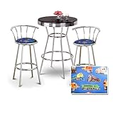 Chrome Bar Table & 2 Chrome 29" Blue Train Fabric Seat Barstools