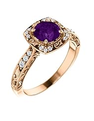 18K Rose Gold 6.00mm Round Cut Amethyst and Diamond Ring -- LIFETIME WARRANTY