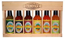 Dave's Gourmet Spicy Six Pack Crated Hot Sauce Collection w/ Insanity Sauce is A Great Gift Fun to Collect and Eat. Sauce Go From Mild to Beyond Wild. Work You Way Up To Insanity. A Wood Set of Flavor and Fire