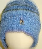 Cp25, Hand Made Denim Chenille with Navy Chenille Stripe Floppy Hat and Denim Earflap Trimmed with Antique Brass Teddy Bear Button Available in Sizes 0-6mo, 6-12mo, 12-18mo, 18-24mo