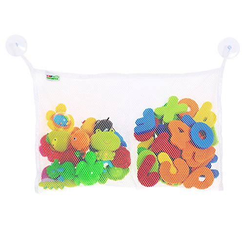 TWO POCKET BATH TOY ORGANIZER - best toy bag - two compartments - largest, holds more baby bath toys, mold resistant, washable toy holder - super strong hold, bonus suction cups