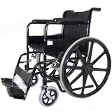 Self Transporting 18x16 Seat Mobile Wheelchair with Black Steel Frame, Padded Armrest, Detachable Footrests, Solid Castors with Soft-grip Tires and 23 Rear Wheels.