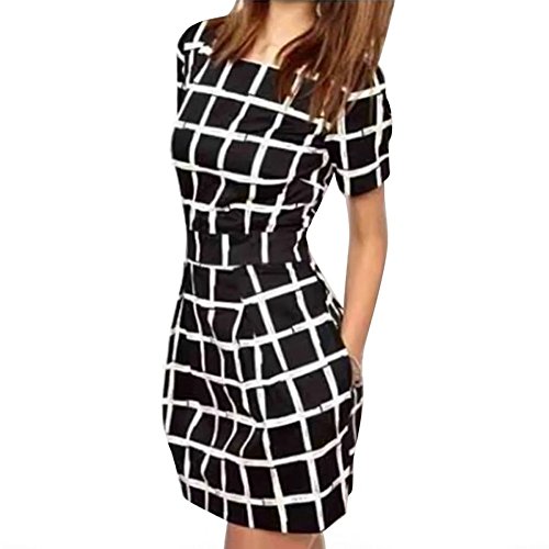 Soly Tech Womens Short Sleeve Casual Plaid Pencil Mini Dress Black S-XL