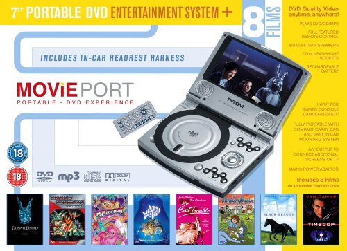 Prism 7" Portable DVD Player with 8 DVDs &ndash; Including Timecop, Donnie Darko and Transformers The Movie