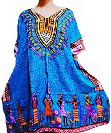 Jinda Brand Women's Kaftan African Dress Shirt Boho Free Size Blue Light