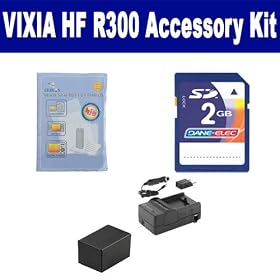 Canon VIXIA HF R300 Camcorder Accessory Kit includes: KSD2GB Memory Card, ZELCKSG Care & Cleaning, PTBP718 Battery
