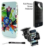 Premium Hard Design Crystal Case Snap On Cover for Apple iPhone 4 , 4th Generation, 4th Gen compatible with 16GB / 32GB – White Flower Star Bursts HD Print + 4-inch eBigValue + Includes a iPhone 4, 360° Rotatable Windshield Mount, Compatible with up to 6″ GPS and Phone Devices