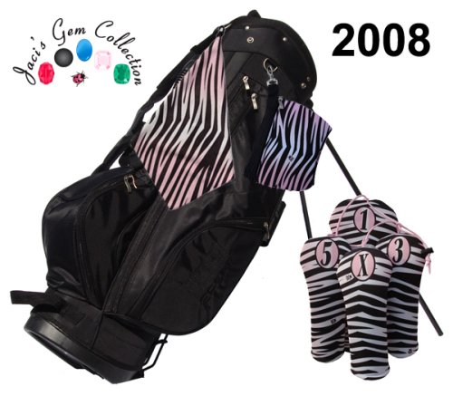 Jaci's Gems Black Pearl Stand Bag with Black Pearl Pink Zebra Head Covers and Towel Set