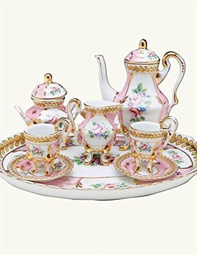 Miniature Tea Set of Marie Antoinette 5-Piece Porcelain Made, Gold and Pink Accent, Perfect for Home Decor