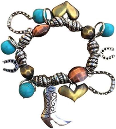 Western Charm Bracelet Silver Tone Turquoise Copper Horseshoe Cowboy Boot Heart