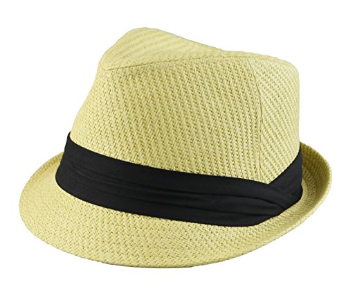 Hatter Mens Big Size Summer Straw Fedora Trilby Hat XL(60), XXL(62) Beige/Black