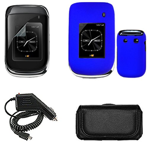 iNcido Brand Blackberry Style 9670 Combo Rubber Feel Dark Blue Protective Case Faceplate Cover + LCD Screen Protector + Black Horizontal Leather Pouch + Rapid Car Charger for Blackberry Style 9670
