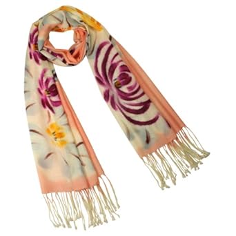 100% Pashmina Cashmere Hand Painted Chrysanthemum Blooming Tassels Ends Long Scarf Shawl