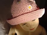 Ht25, Hand Crocheted Pink Rayon Cotton Gimp Floppy Hat with Daisies All Over for Children Women and Teens