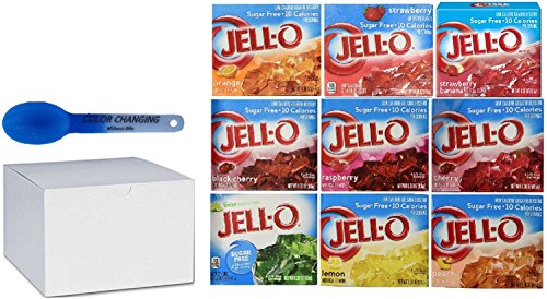 Jell-O Sugar Free Gelatin Sampler Bundle (Pack Of All 9 Different Flavors 0.30-oz) In Gift Box Plus Bonus Color Changing Spoon