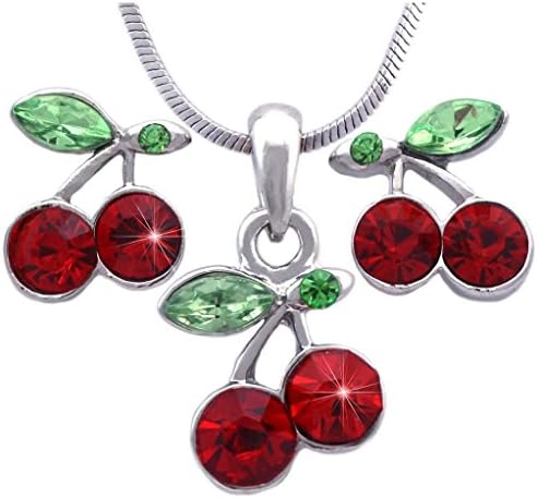 Rose Candy Green Red Cherry Fruit Charm Pendant Necklace Post Stud Earrings Jewelry Set