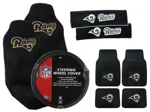 9 Piece NFL Gift Set - 4 Universal-Fit Molded Rubber Floor Mats and 2 Universal-Fit Seat Covers and 2 Seat Belt Shoulder Pads and Rubber Grip Steering Wheel Cover - St. Louis Rams