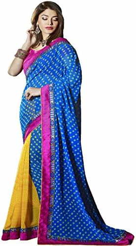 Pagli Women's Half Printed Georgette Saree Free Size Blue/Yellow