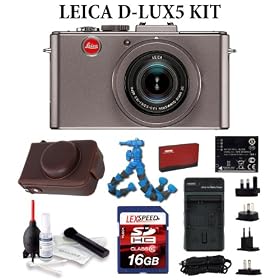 Leica D-LUX5 10.1 MP Compact Digital Camera with Super-Fast f/2.0 Lens, 3.8x Zoom Lens (Titanium Limited Edition) + Brown Leather Camera Case + Spare Battery + International Charger + LexSpeed 16GB Class 10 SDHC Memory Card + Giotto's Camera Cleaning Kit + Card Reader + Flexpod
