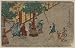 Poster Print of Artwork showing several people outside the entrance to a building, a couple is about to enter, an elderly man is using a broom to knock something from the branches of a tree, beneath which three girls are standing, a woman and a child approach from the right