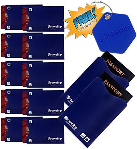 RFID Blocking Sleeves (10 Credit Card &amp; 2 Passport Protectors &amp; FREE Luggage Tag) #1 Identity Theft Protection Travel Case Set. Smart Holders Fit Wallets, Purses, &amp; Cell Phones for Men &amp; Women (Blue)
