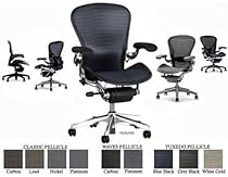 Hot Sale Herman Miller Aluminum Aeron Executive Chair Highly Adjustable with PostureFit Lumbar Support, Black Leather Arm Pads Tuxedo Blue Black Pellicle - Medium Size (B) Polished Chrome Home Office Desk Task Chair