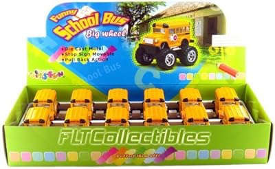 12 pcs in Box: 4" Monster Wheel Short School Bus, Pull Back Action (Yellow)