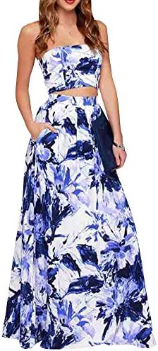 Inlscp Women's 2 Pieces Cropped Tops Floral Printed Maxi Full Length Skirts