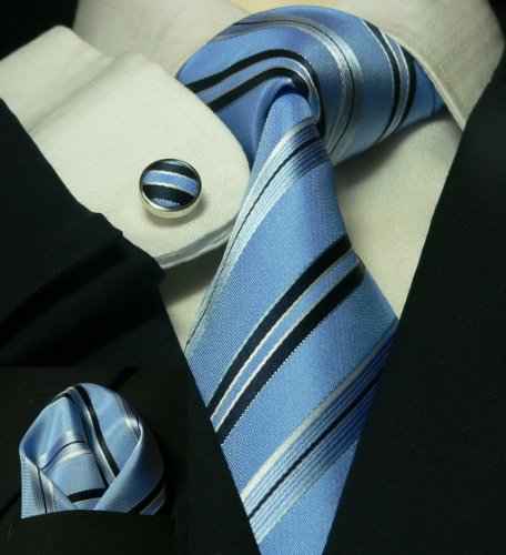 LANDISUN 62E BLUE STRIPE TIE SET:TIE+HANKY+CUFFLINKS