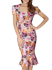 Mermaid Floral Print Cap Sleeves Cocktail Polyester/Spandex Square Neck Flared-Skirt Vintage Club Dress/Evening Dress/Prom Dress/Wedding Party Dress 