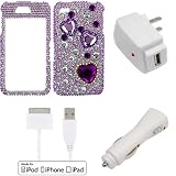 EZOPower USB Hotsync & Charging Data Cable + Purple Heart Full Diamond Rhinestone Bling Hard Snap on Cover Case + USB Travel Charger Adapter + USB Car Charger Adapter for AT&T & Verizon Apple iPhone 4 4G 16GB / 32GB 4th Generation