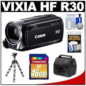 Canon Vixia HF R30 Flash Memory 1080p HD Digital Video Camcorder with 16GB Card + Flex Tripod + Case + Accessory Kit