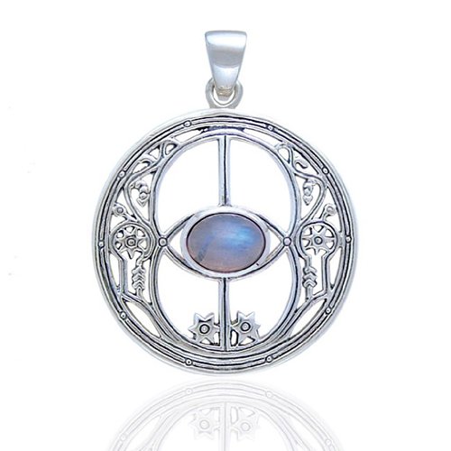 Sacred Chalice Well Symbol of Avalon in Glastonbury Genuine Rainbow Moonstone and Sterling Silver Pendant
