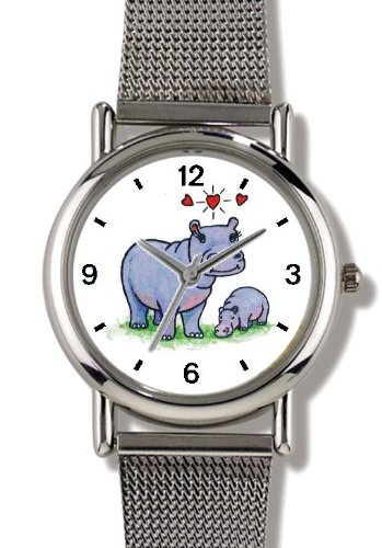 Hippopotamus (Hippo) Mother & Baby No.2 Cartoon - JP Animal - WATCHBUDDY® ELITE Chrome-Plated Metal Alloy Watch with Metal Mesh Strap-Size-Small ( Standard Women's Size )