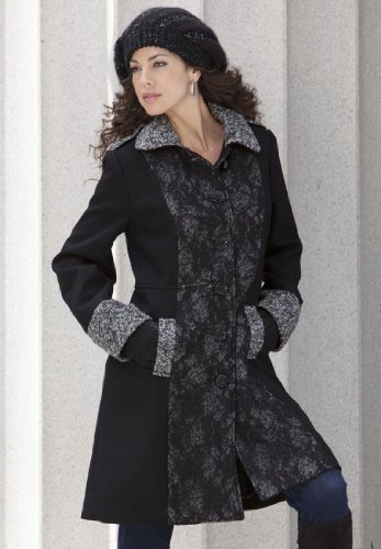 Roamans Plus Size Mixed Media Coat (BLACK MULTI,18 W) Roamans Plus Size Mixed Media Coat (BLACK MULTI,18 W)