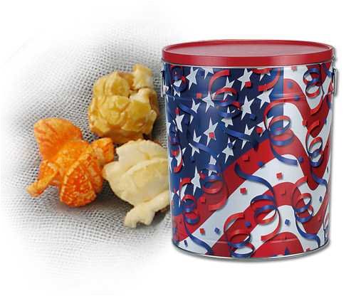 6.5 Gallon Caramel Popcorn with Spanish Peanuts Tin - Flags & Streamers by Catoctin Kettle Korn