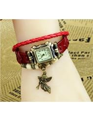 KANO BAK(TM) Vintage Wrap Around Press Button Leather Retro Weave Wrap Quartz Bracelet Woman Unisex Angel Gift Watch Red