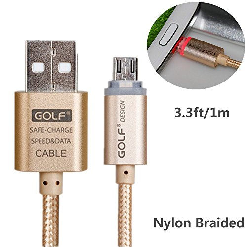 Smart Cable, Smilism 1pcs 3.3ft Nylon Braided USB Cable High Speed A Male to Micro B Aluminum Connectors Light Up Charging Cable for for Android, Samsung, HTC, And More (Gold)