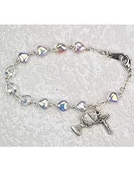 First Holy Communion Childrens Girls Rosary Bracelet 6 1/2" 6x6mm Crystal Ab Heart Beads with Sterling Silver Cross & Chalice Charms.