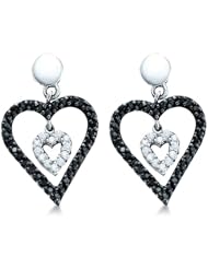 14k White Gold Black and White Diamond Love Heart Shape Dangle Earrings (1/2 cttw)