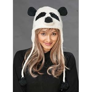 Panda Bear Wool Pilot Trapper Trooper Animal Hat / Cap With Fleece Lining Hand Knit Nepal